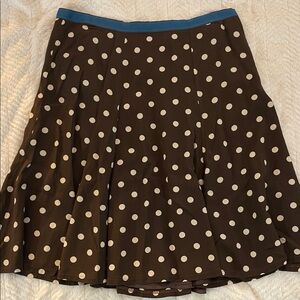 Boden A-Line Skirt in Brown with Cream Dots and Blue Waistband